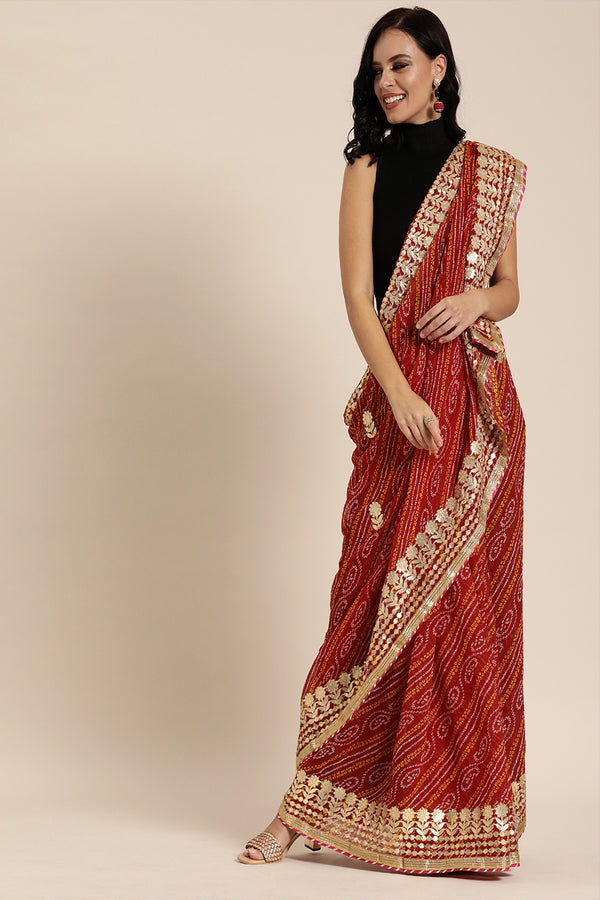 Red Handcrafted Georgette Bandhani Saree