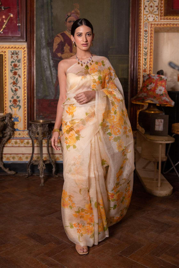 Beige Hand Painted Pure Organza Saree - Geroo Jaipur