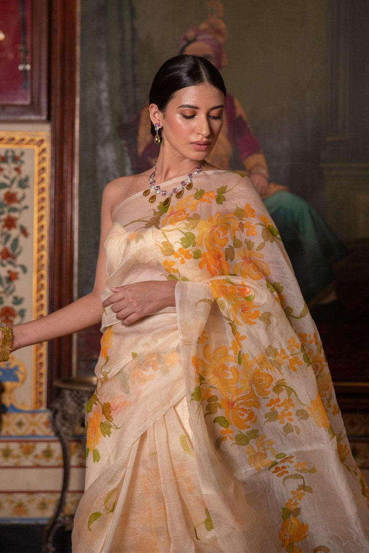 Beige Hand Painted Pure Organza Saree - Geroo Jaipur