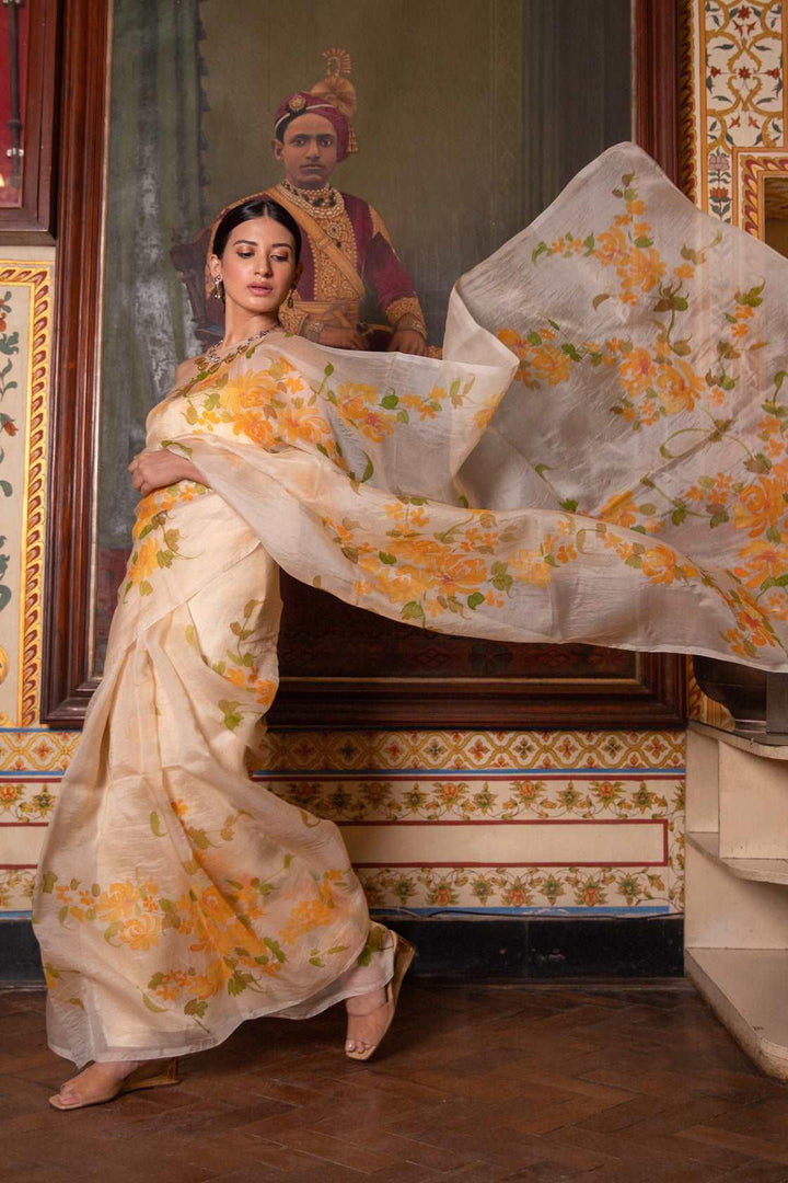 Beige Hand Painted Pure Organza Saree - Geroo Jaipur