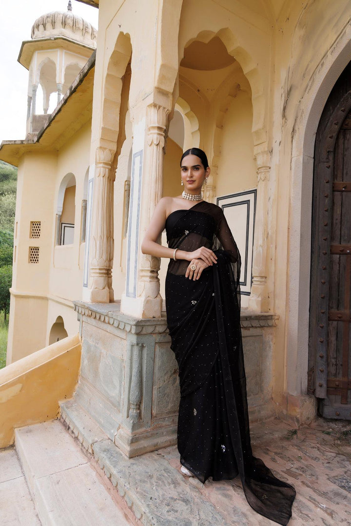 Black Mukaish Hand Embroidered Chiffon Saree Geroo Jaipur