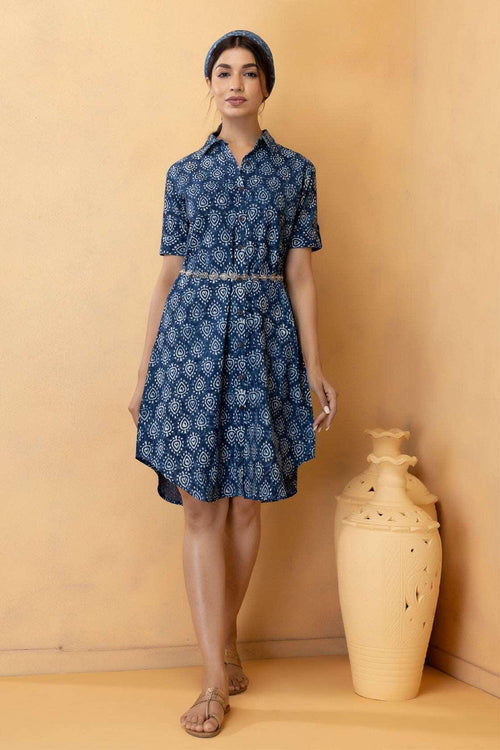 Blue Hand Block Printed Cotton Shirt Dress with Silver Belt Geroo Jaipur