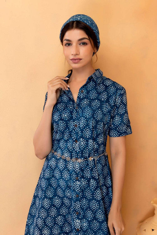 Blue Hand Block Printed Cotton Shirt Dress with Silver Belt Geroo Jaipur