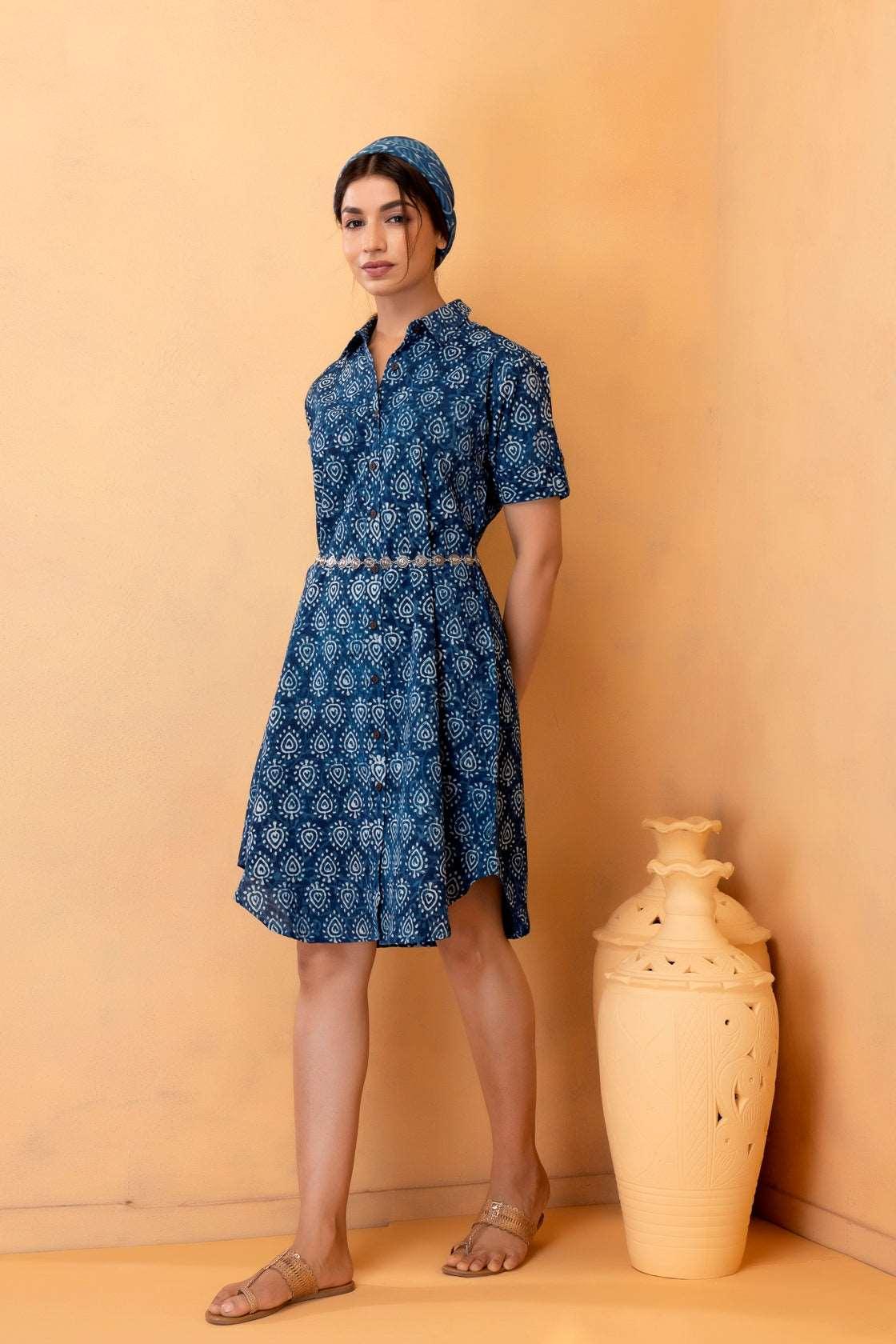 Blue Hand Block Printed Cotton Shirt Dress with Silver Belt Geroo Jaipur