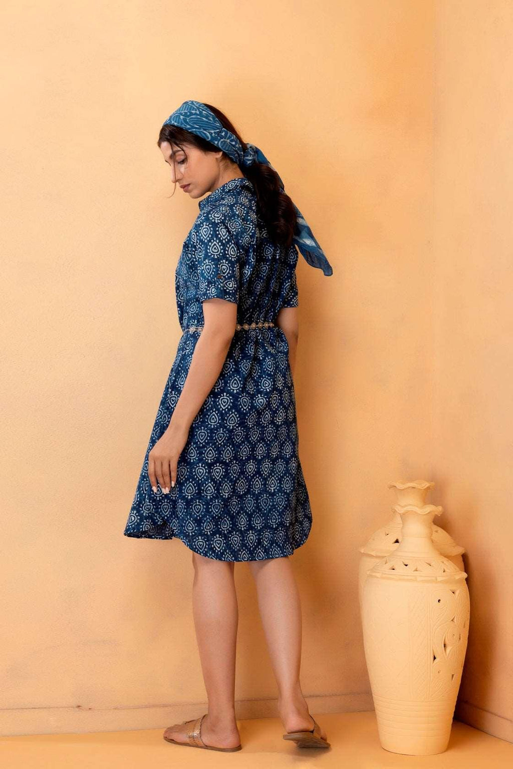 Blue Hand Block Printed Cotton Shirt Dress with Silver Belt Geroo Jaipur