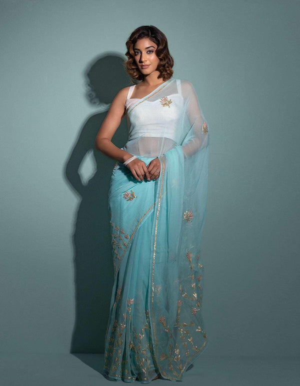 Blue Hand embroidered Gota Patti Chiffon saree Geroo Jaipur