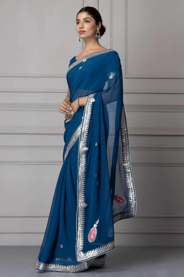 Blue Hand Embroidered  Gota Patti Georgette Saree Geroo Jaipur