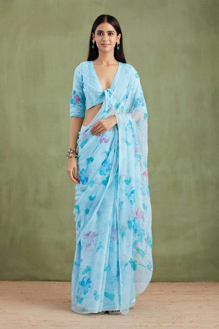 Blue Hand Painted Mukaish Chiffon Saree Geroo Jaipur