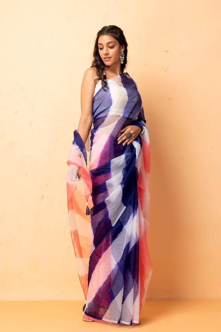 Blue Orange Shaded Organza Hand Dyed Leheriya Saree With Tassels Geroo Jaipur