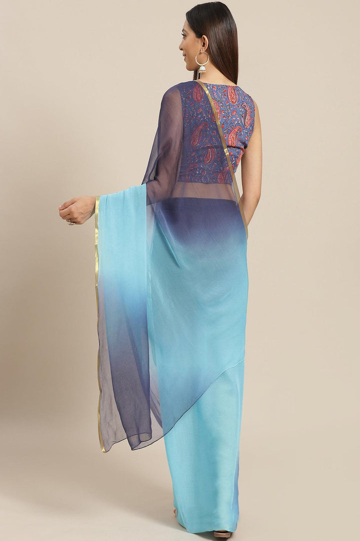 Blue Shaded Hand-Dyed Chiffon Saree With Hand Block Printed Blouse Geroo Jaipur