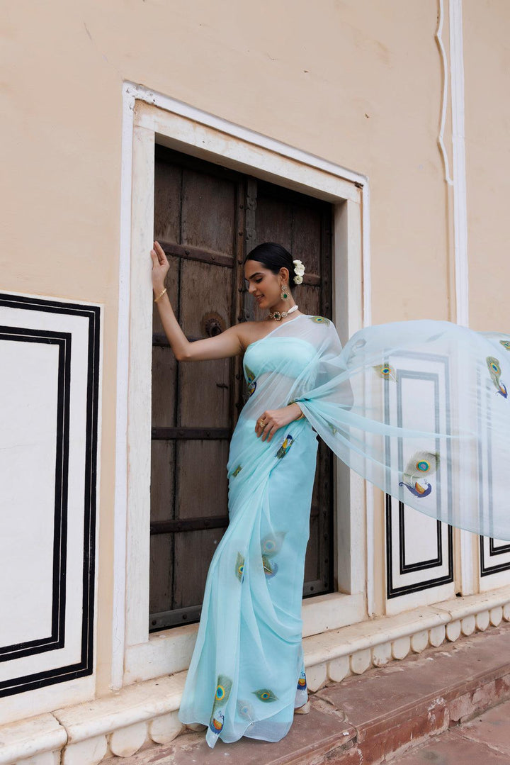 Blue Shaded Hand Painted Floral Chiffon Saree Geroo Jaipur