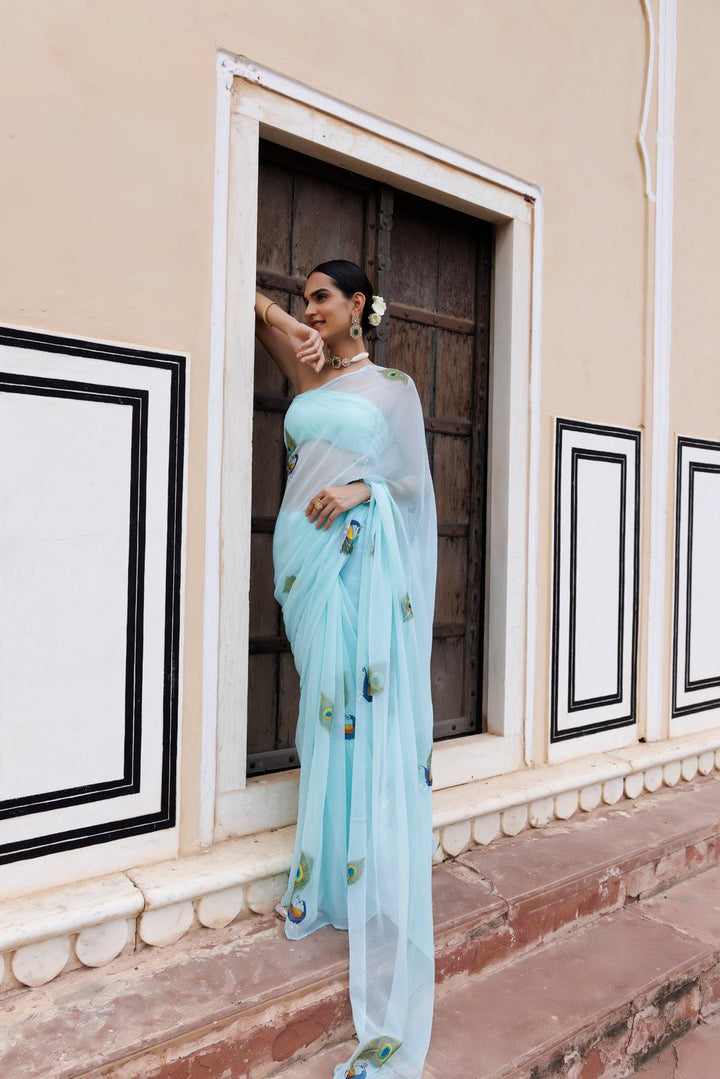 Blue Shaded Hand Painted Floral Chiffon Saree Geroo Jaipur