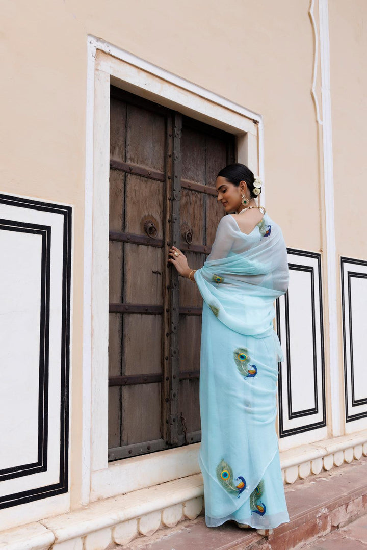 Blue Shaded Hand Painted Floral Chiffon Saree Geroo Jaipur