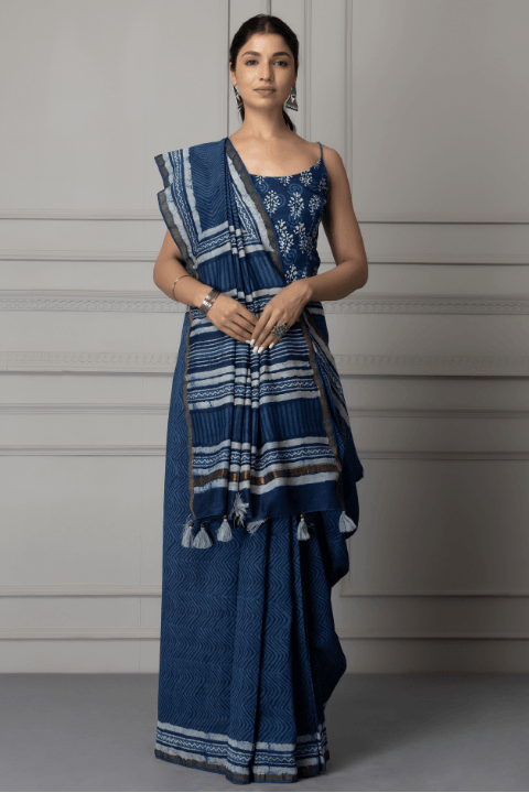 Indigo Hand Block Printed Pure Chanderi Silk Saree - Geroo Jaipur