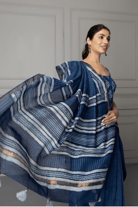 Indigo Hand Block Printed Pure Chanderi Silk Saree - Geroo Jaipur