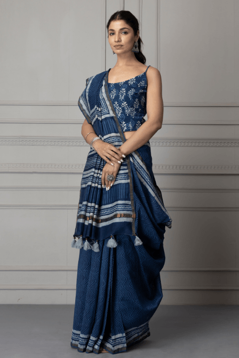 Indigo Hand Block Printed Pure Chanderi Silk Saree - Geroo Jaipur