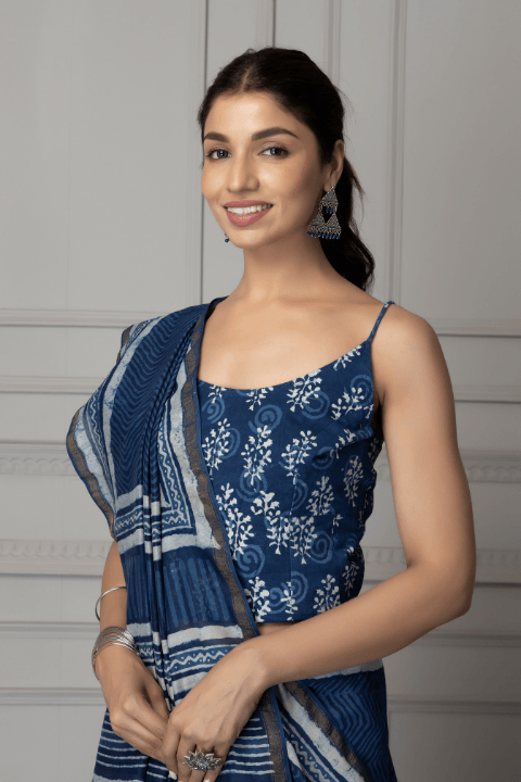 Indigo Hand Block Printed Pure Chanderi Silk Saree - Geroo Jaipur