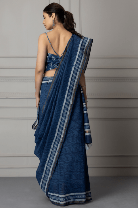 Indigo Hand Block Printed Pure Chanderi Silk Saree - Geroo Jaipur