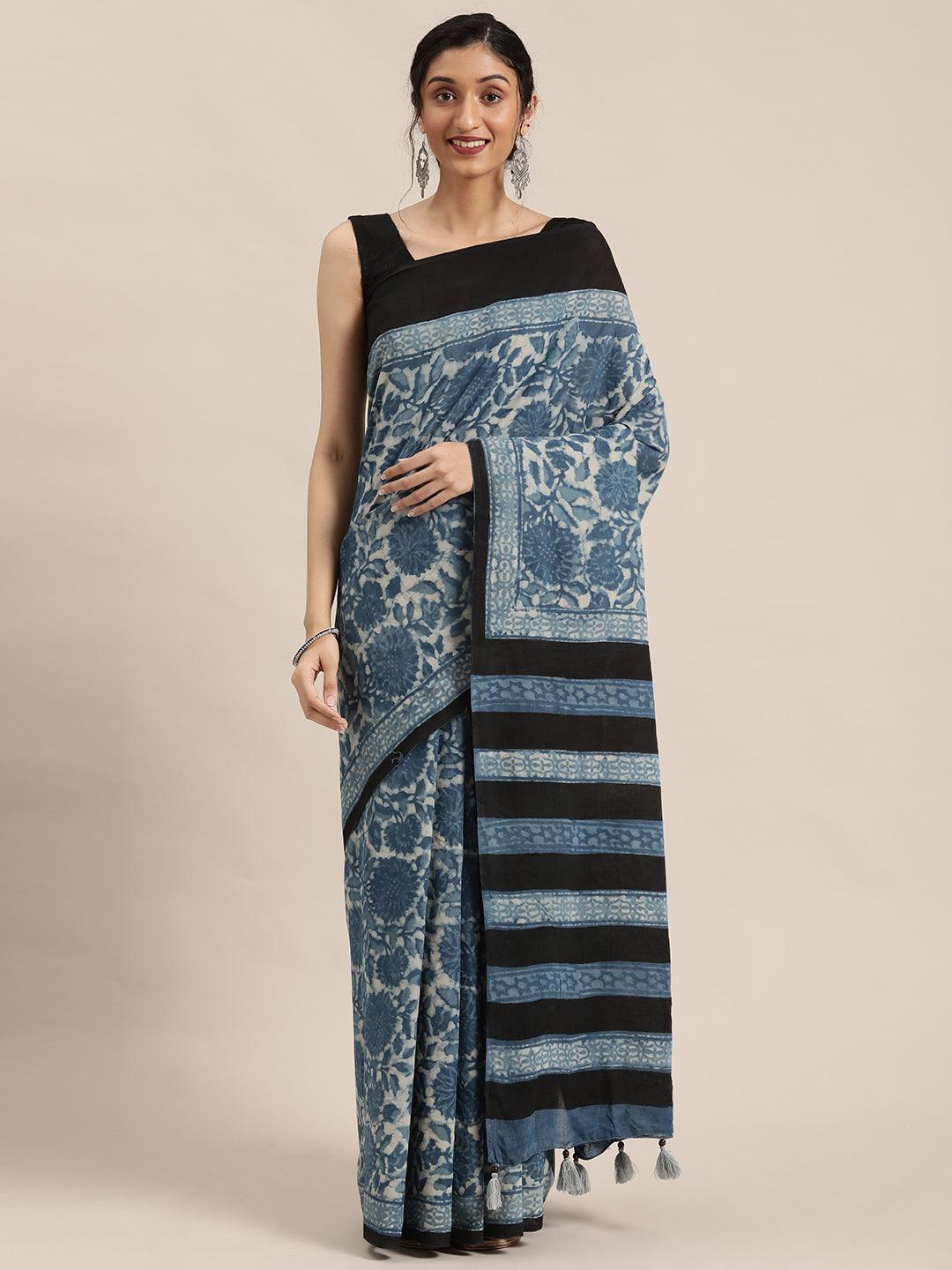 Indigo blue printed new arrival cotton sarees | Kiran's Boutique