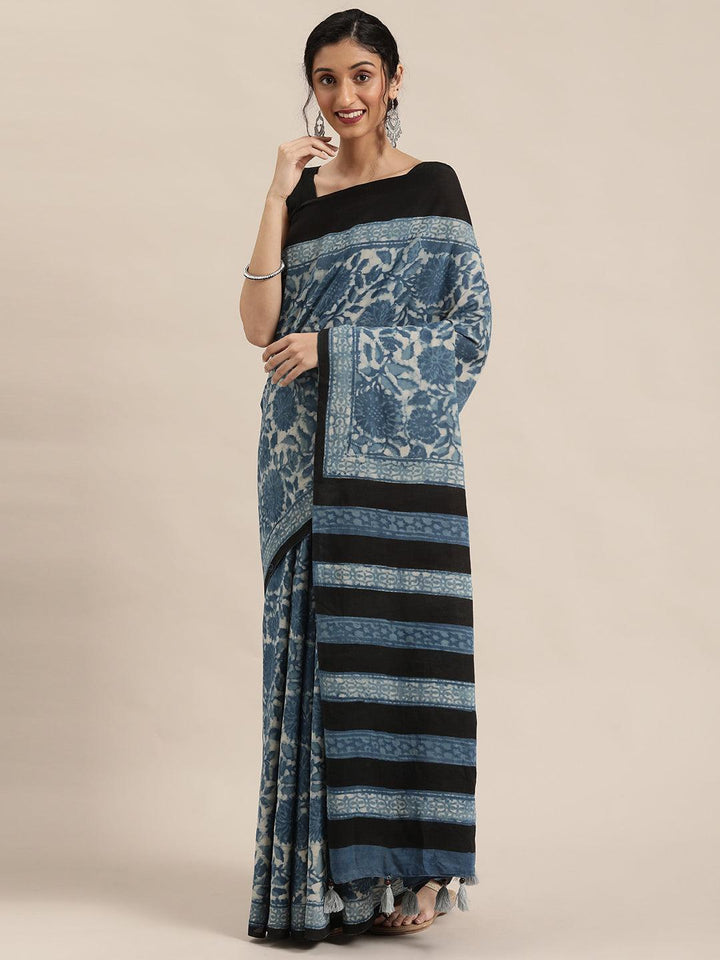 Indigo Pure Cotton Hand Block Printed Saree - Geroo Jaipur