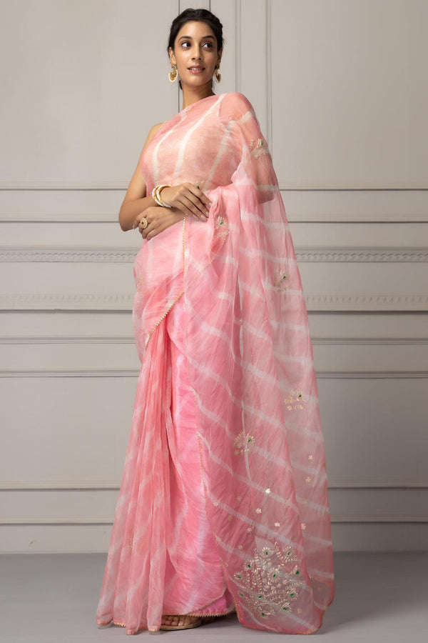 Light Pink Organza Handcrafted Pittan Leheriya Saree - Geroo Jaipur