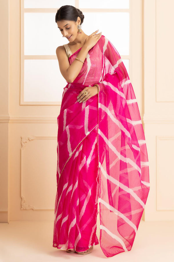 Magenta Pink Organza Hand Dyed Leheriya Saree - Geroo Jaipur