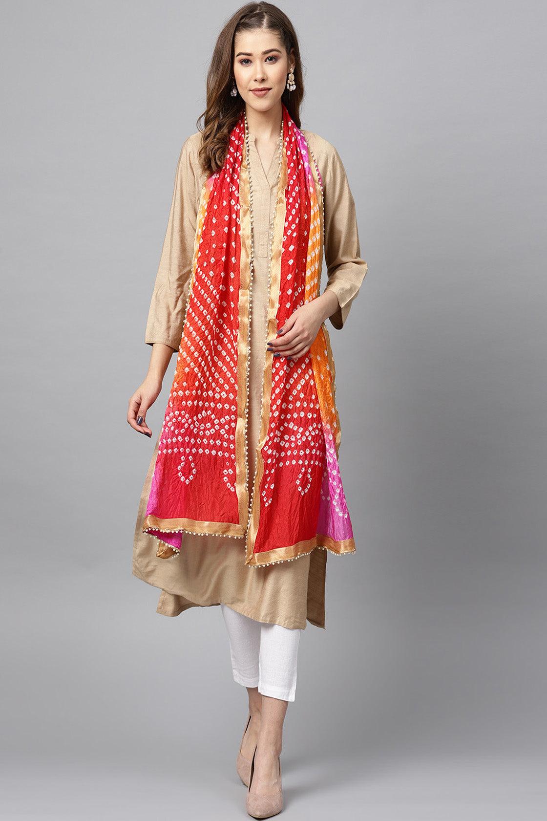 Multicolor Handcrafted Bandhani Art Silk Stole - Geroo Jaipur