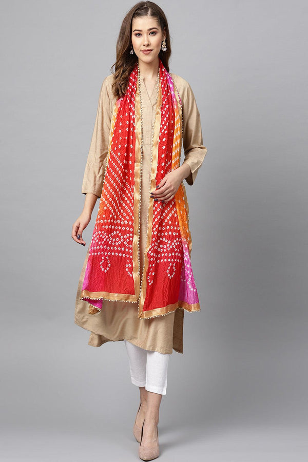 Multicolor Handcrafted Bandhani Art Silk Stole - Geroo Jaipur