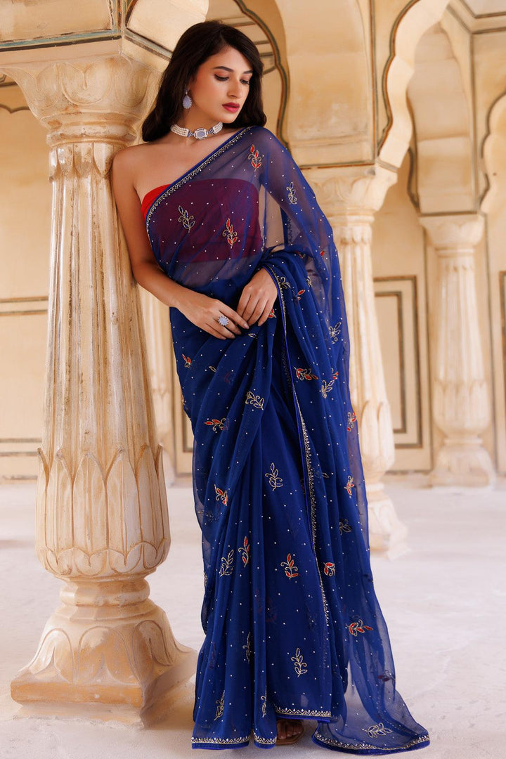 Navy blue Hand embroidered Resham-tube Chiffon saree - Geroo Jaipur