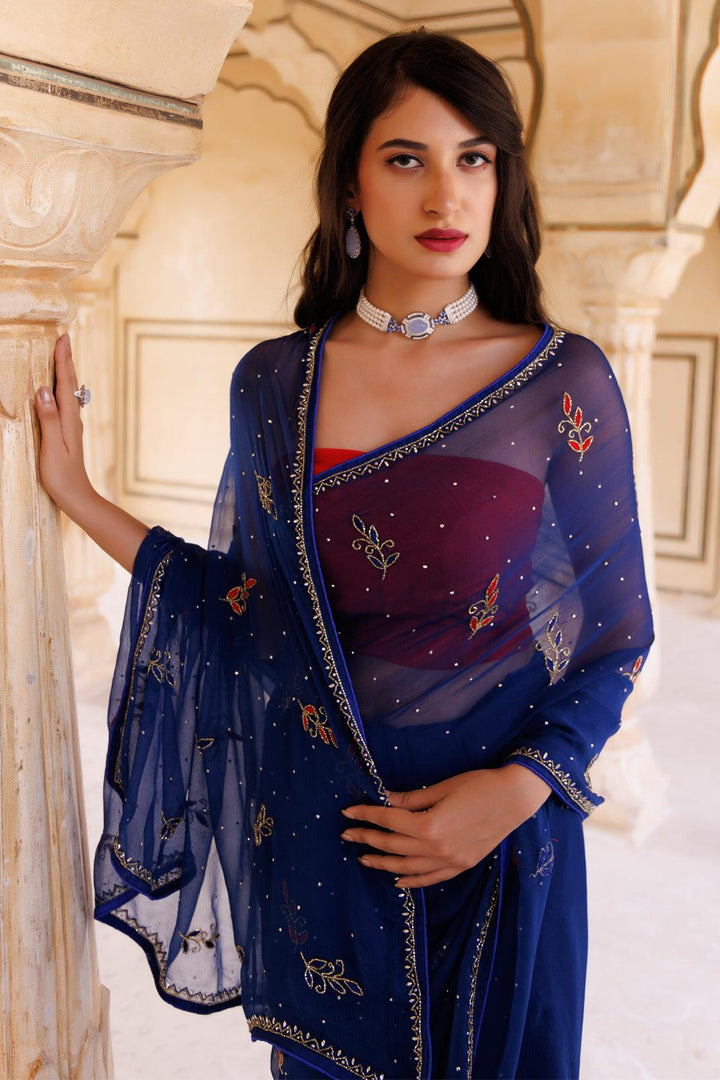 Navy blue Hand embroidered Resham-tube Chiffon saree - Geroo Jaipur