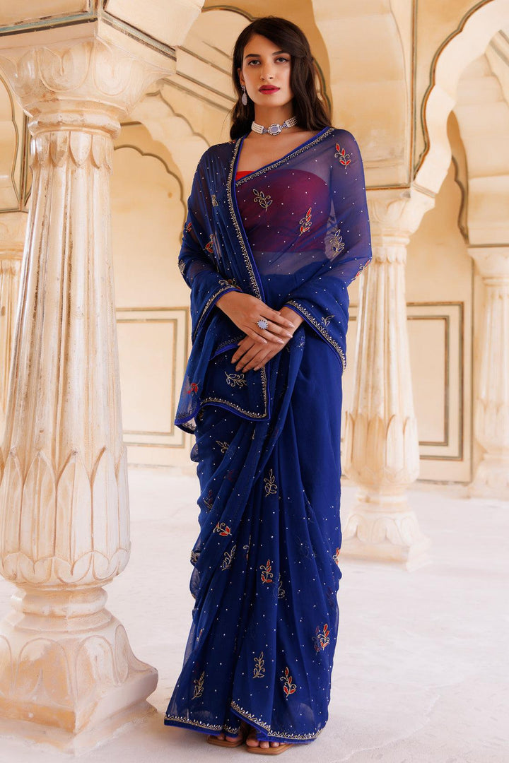 Navy blue Hand embroidered Resham-tube Chiffon saree - Geroo Jaipur