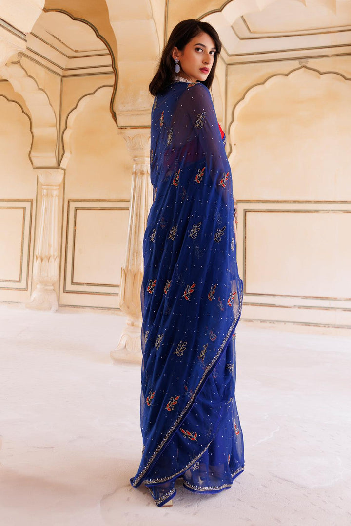 Navy blue Hand embroidered Resham-tube Chiffon saree - Geroo Jaipur