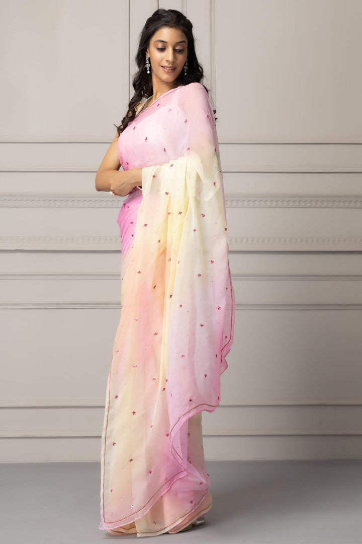 Pastel Pink Shaded Hand Embroidered Chiffon Saree - Geroo Jaipur