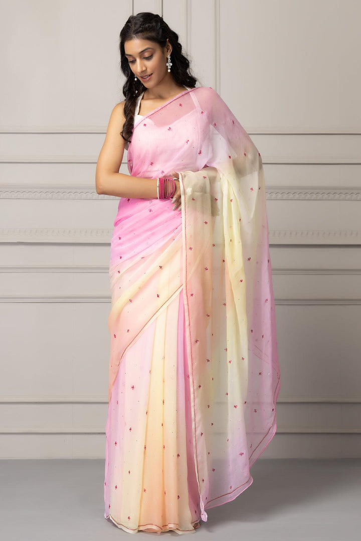 Pastel Pink Shaded Hand Embroidered Chiffon Saree - Geroo Jaipur