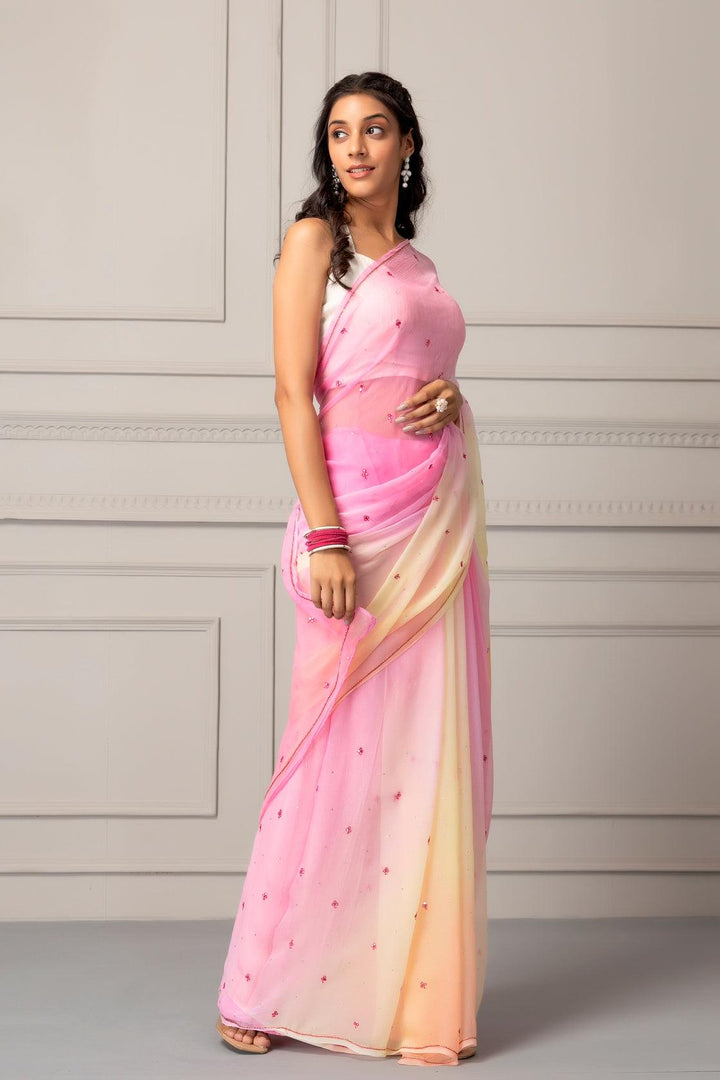 Pastel Pink Shaded Hand Embroidered Chiffon Saree - Geroo Jaipur