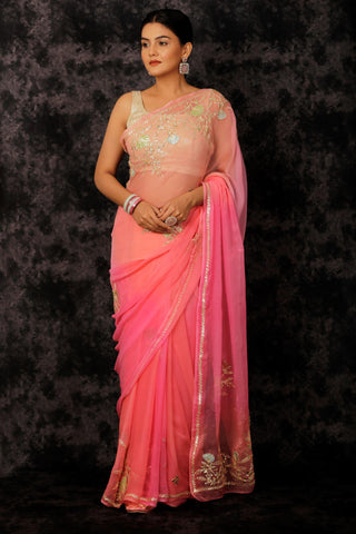 Pink Embellished Gota Patti Ombre Chiffon Saree - Geroo Jaipur