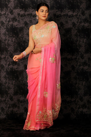 Pink Embellished Gota Patti Ombre Chiffon Saree - Geroo Jaipur