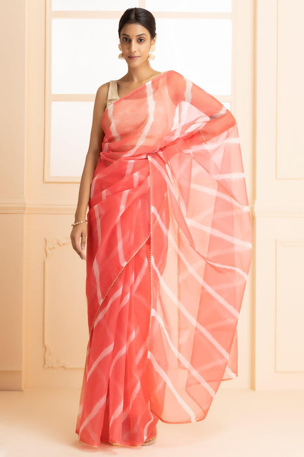 Pink Organza Hand Dyed Leheriya Saree - Geroo Jaipur