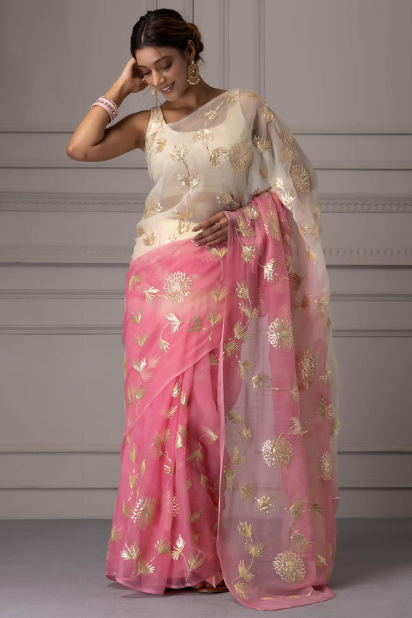 Shaded Handcrafted Gota Patti Chiffon Saree - Geroo Jaipur