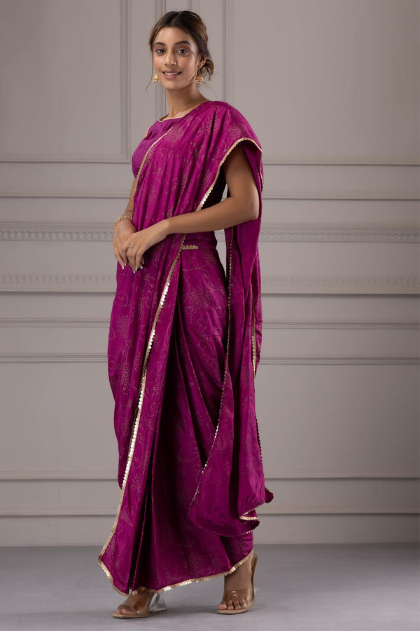 Purple Handcrafted Pre draped saree with stitched blouse - Geroo Jaipur