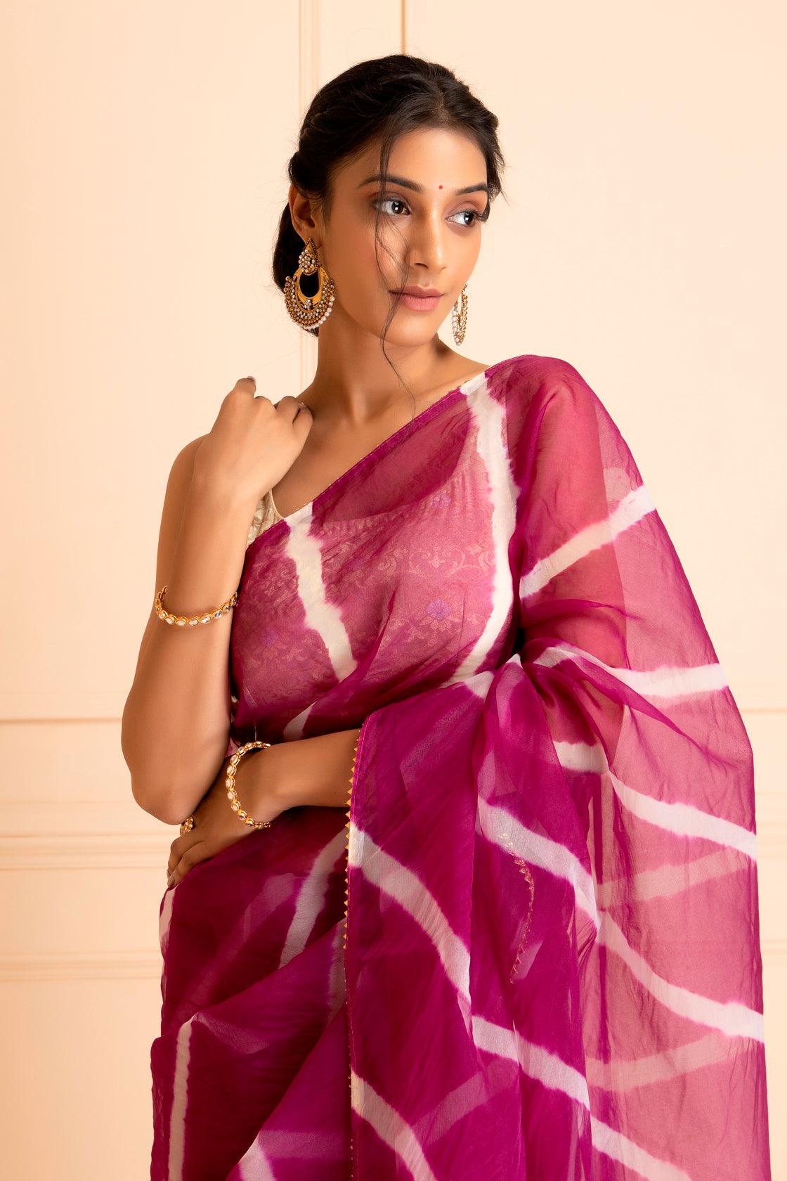 Purple Organza Hand Dyed Leheriya Saree - Geroo Jaipur