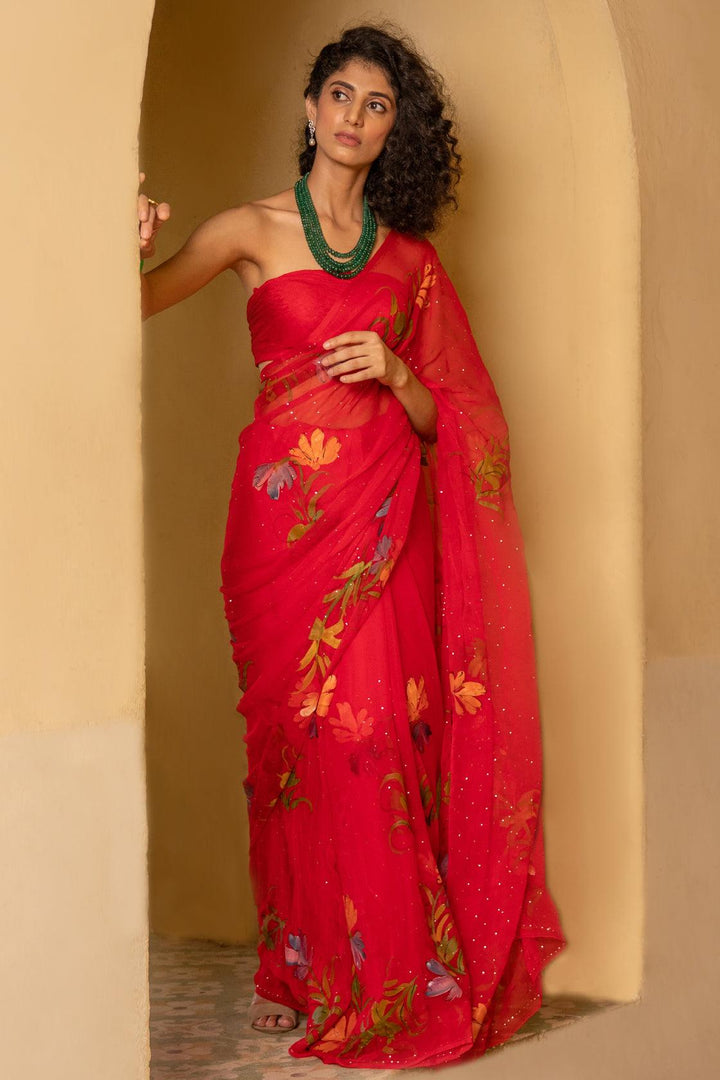 Red Hand Painted Mukaish Chiffon Saree - Geroo Jaipur