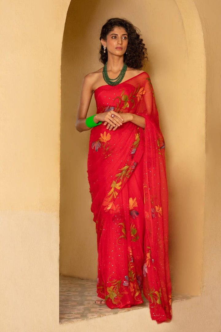 Red Hand Painted Mukaish Chiffon Saree - Geroo Jaipur