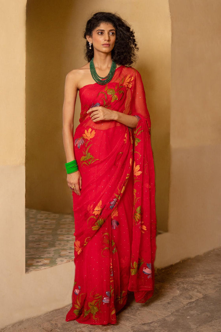 Red Hand Painted Mukaish Chiffon Saree - Geroo Jaipur