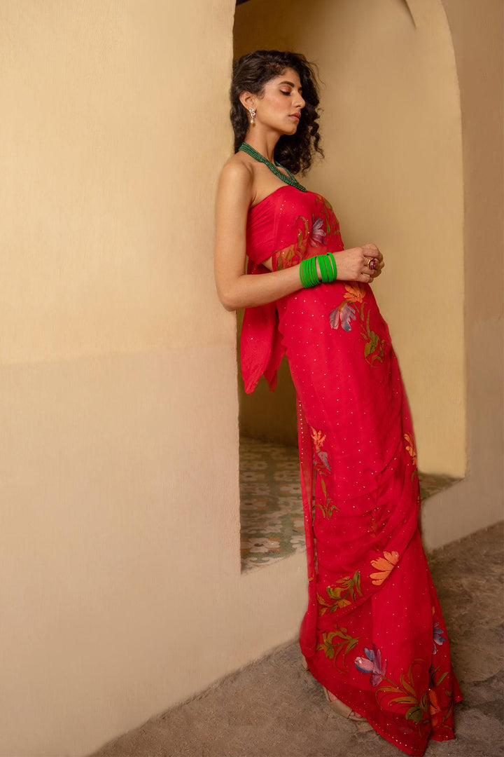 Red Hand Painted Mukaish Chiffon Saree - Geroo Jaipur