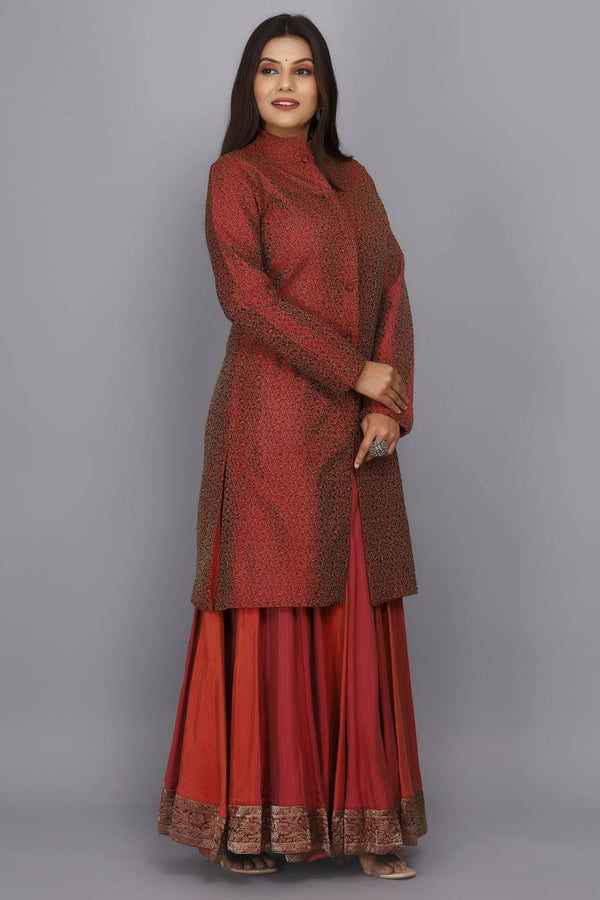 Red hand woven bamboo silk skirt with heavy brocade jacket - Geroo Jaipur