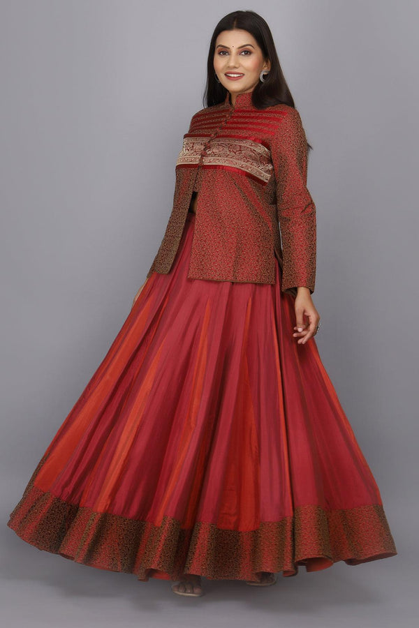 Red hand woven bamboo silk skirt with heavy brocade jacket - Geroo Jaipur