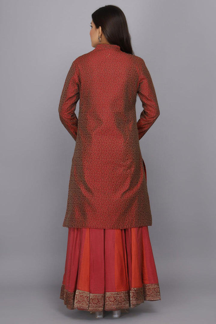 Red hand woven bamboo silk skirt with heavy brocade jacket - Geroo Jaipur