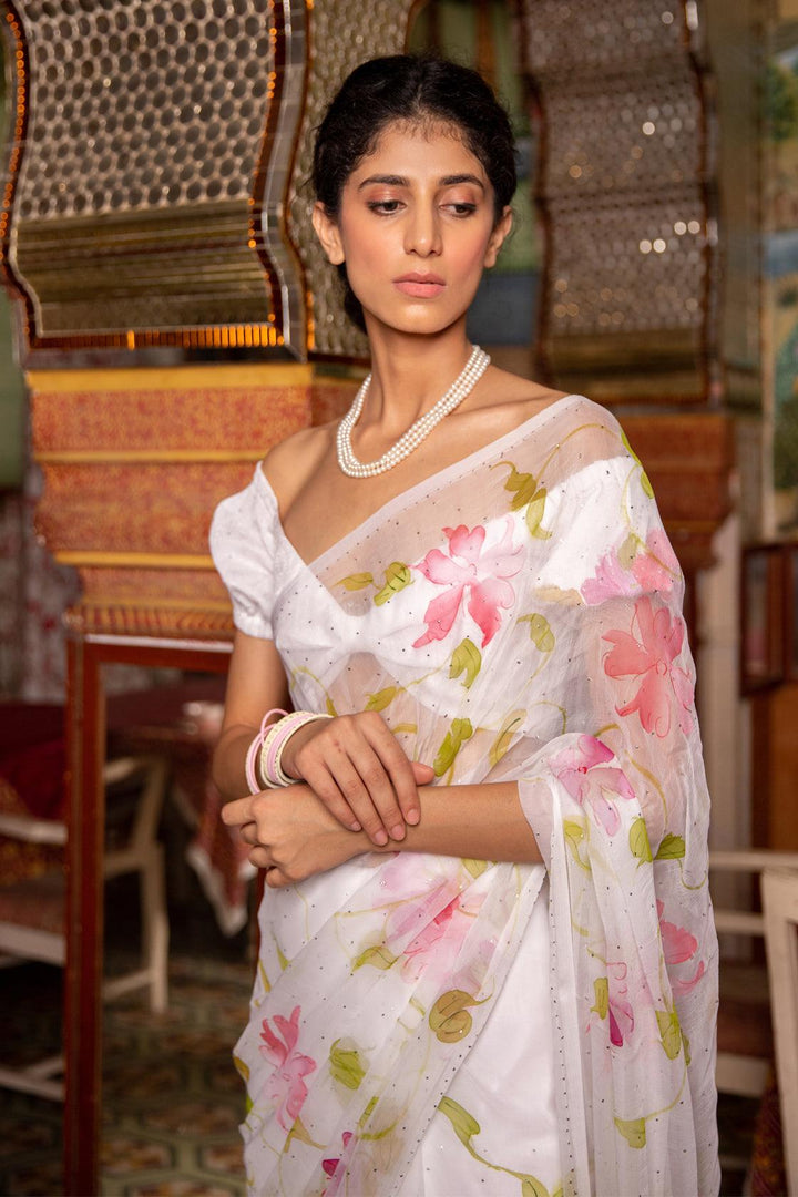 White Hand Painted Mukaish Work Chiffon Saree - Geroo Jaipur