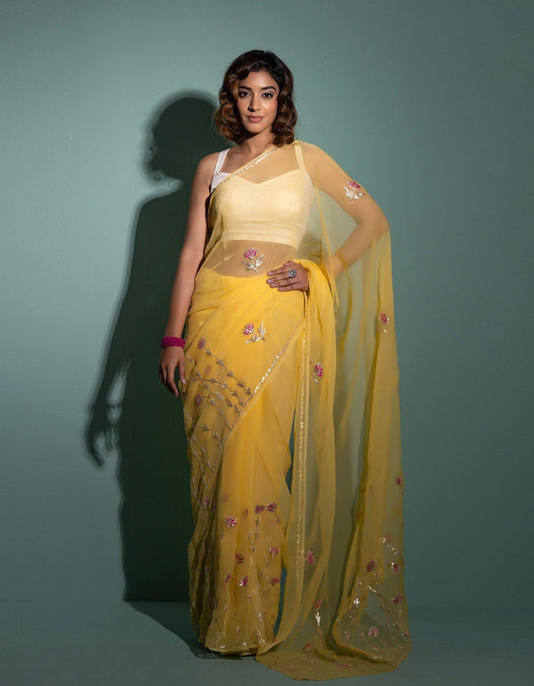 Yellow Hand embroidered Gota Patti Chiffon saree - Geroo Jaipur